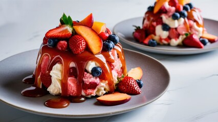 A dessert with berries and fruit on top of a plate, AI