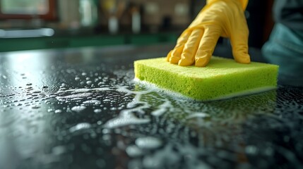  a gloved hand scrubbing a surface with a green cleaning sponge