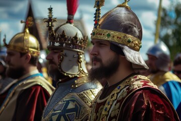 Obraz premium men in medieval costumes are standing in a line