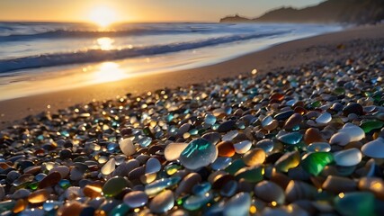 Obraz premium Beautiful glass pebble beach with sunset
