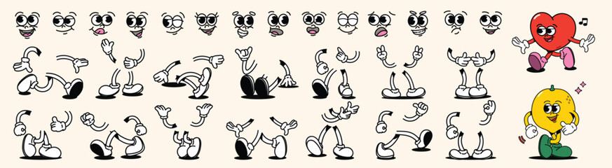 Set of 70s groovy comic faces vector. Collection of cartoon character faces, leg, hand in different emotions happy, angry, heart, lemon. Cute retro groovy hippie illustration for decorative, sticker. © TWINS DESIGN STUDIO