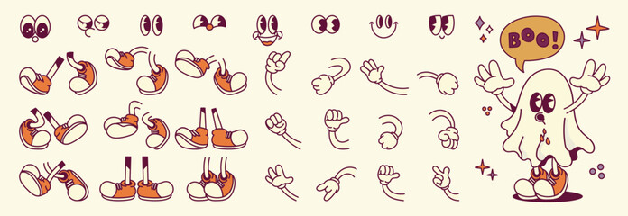 Set of 70s groovy comic faces vector. Collection of cartoon character faces, leg, hand in different emotions happy, angry, sad, ghost. Cute retro groovy hippie illustration for decorative, sticker. © TWINS DESIGN STUDIO