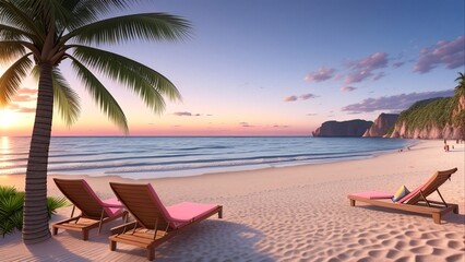 Fototapeta premium two lounge chairs on a beach with a palm tree in the foreground and a sunset in the background