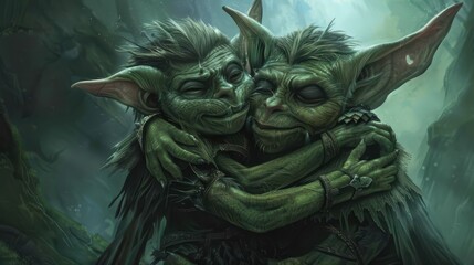 two trolls hugging each other in the woods