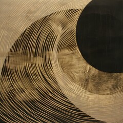 Abstract artwork with gold and black colors. The image features a black crescent shape overlapping a background of gold lines