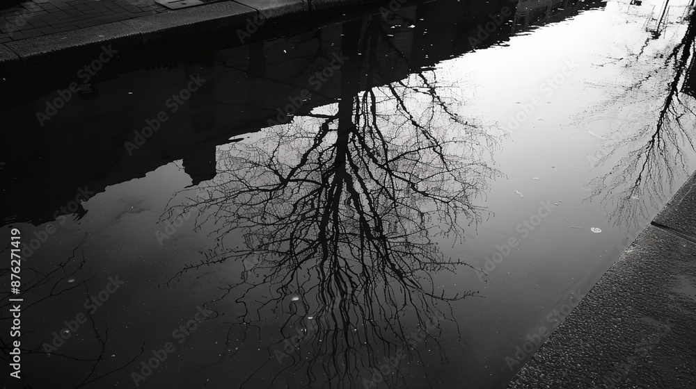 Sticker a tree is reflected in the water of a canal in a city street