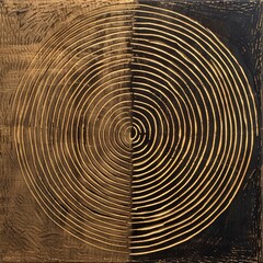 A close-up view of an abstract painting with concentric circles in gold and black hues