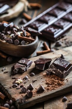 chocolate bars and cinnamon sticks on a wooden table