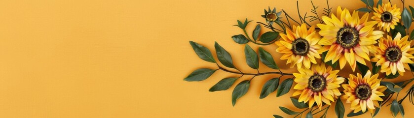 Fototapeta premium Bright sunflowers with green leaves on an orange background, evoking warmth and cheerfulness in a rustic setting.