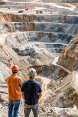 two men standing in front of an open pit