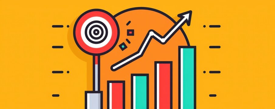 Colorful infographic with bar chart, target, and arrow showing growth and success on yellow background. Ideal for business and marketing visuals.