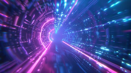 Obraz premium High-speed travel through a hyper-digital tunnel, vibrant blue and purple lights streaking past as if moving at the speed of light, futuristic and energetic visual with a sense of motion and advanced 