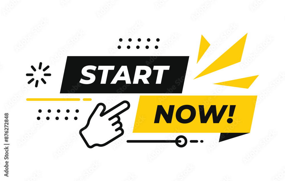 Poster start now text with abstract ribbon element. speech bubble with line hand pressing start button. vec