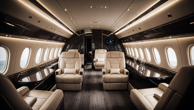 interior view of a private jet with luxurious and modern furnishings