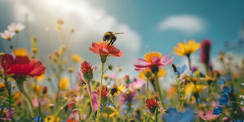 Obraz premium Closeup of bees pollinating vibrant wildflowers showcasing their crucial role in farming. Concept Wildlife Photography, Pollination, Bees, Wildflowers, Farming