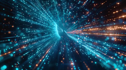 Naklejka premium Vivid illustration of a cyber network with blue light streaks and particles, capturing the dynamic flow of digital information, high-speed data transmission, intense and futuristic look