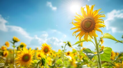 Obraz premium A field of sunflowers with a bright blue sky in the background. The sun is shining brightly, making the flowers look even more vibrant. Concept of warmth, happiness, and positivity
