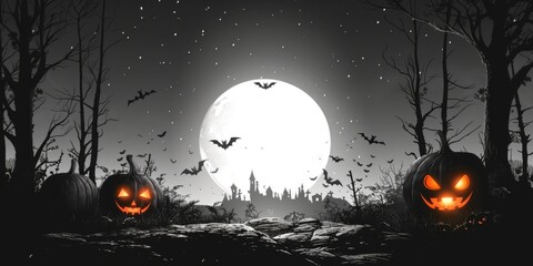 Fototapeta premium Halloween Night Scene with Full Moon, Flying Bats, Spooky Pumpkins, and Haunted Forest