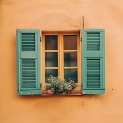 Obraz premium A window with green shutters open on a yellow wall, with a potted plant in the window sill