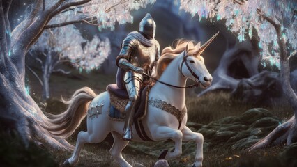 A knight riding a white horse through the woods, AI