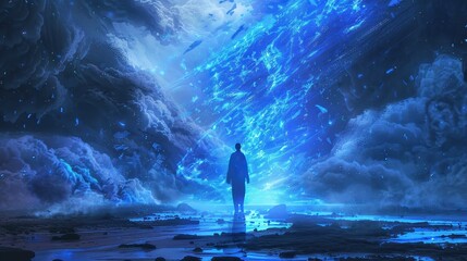 A lone figure stands under a vibrant cosmic sky, surrounded by mystical, blue, and surreal clouds evoking a sense of awe and wonder.