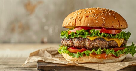 A high-quality photograph of a delicious burger on a light background. 