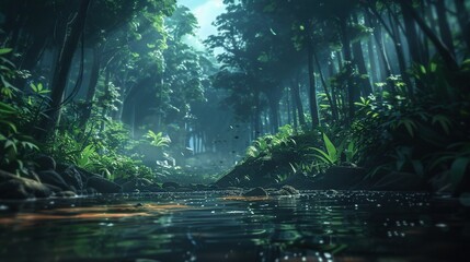 Fototapeta premium A river, bordered by trees and plants, runs through a forest and is encircled by rocks and greenery