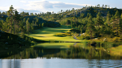 Fototapeta premium Golf course with green Norwegian nature and trees around and a big lake on the side