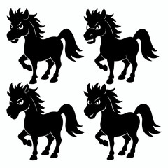 Cartoon-style cute black horse. Horse silhouette set vector illustration