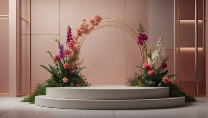 Pastel pink podium mockup with potted flowers background for cosmetic product display and advertisement
