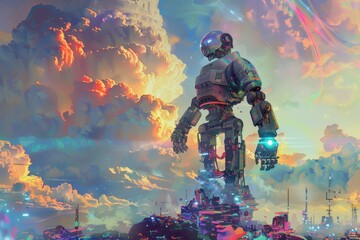 Futuristic robot standing against a vibrant, colorful sky, symbolizing advanced technology and innovation in a sci-fi setting.