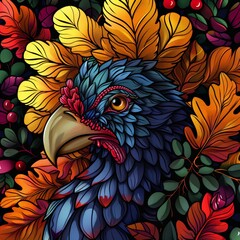 Fototapeta premium Colorful turkey illustration surrounded by vibrant autumn leaves.