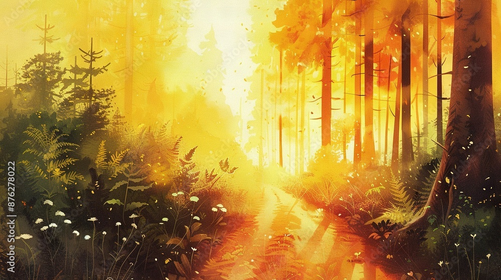 Poster a forest path illuminated by golden trees