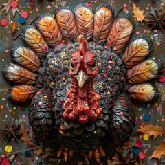 Naklejka premium Festive turkey decoration surrounded by colorful confetti.