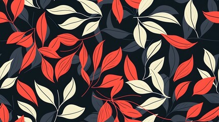 Abstract Floral Seamless Pattern with Red and Cream Leaves on a Dark Background