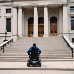 Disability Rights: An individual in a wheelchair facing an inaccessible public building