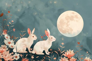 Obraz premium Two white rabbits in a whimsical, pastel-colored landscape under the moon.