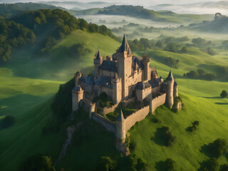 Fototapeta premium An ancient castle perched on a hill, surrounded by mist and rolling green fields. 