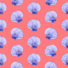 Marine seamless pattern animals, blue seashell, mollusk, shells. Watercolor illustration underwater background On coral. Summer vibes. Sea bottom. For fabric, wrapping paper, wallpaper print decor