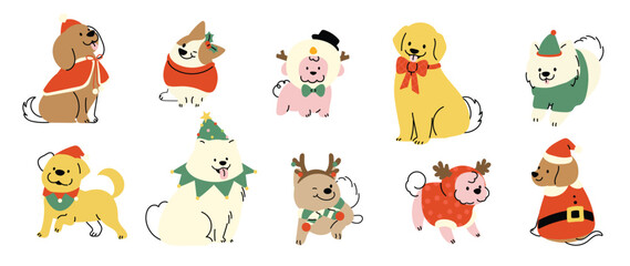 Merry christmas and happy new year concept background vector. Collection drawing of cute dogs with decorative scarf, ribbon, hat. Design suitable for banner, invitation, card, greeting, banner, cover.