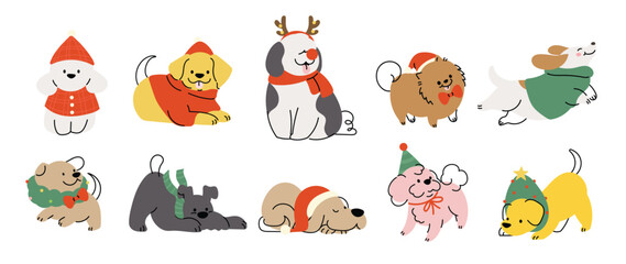 Merry christmas and happy new year concept background vector. Collection drawing of cute dogs with decorative scarf, ribbon, hat. Design suitable for banner, invitation, card, greeting, banner, cover.