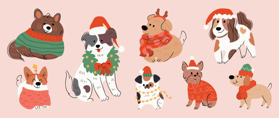 Merry christmas and happy new year concept background vector. Collection drawing of cute dogs with decorative scarf, ribbon, hat. Design suitable for banner, invitation, card, greeting, banner, cover.