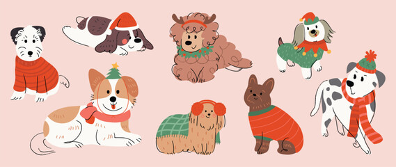 Merry christmas and happy new year concept background vector. Collection drawing of cute dogs with decorative scarf, ribbon, hat. Design suitable for banner, invitation, card, greeting, banner, cover.