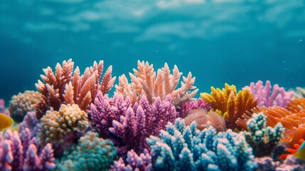 Obraz premium Illustrate the enchanting allure of underwater realms with vibrant depictions of coral reefs, tropical fish, and the intricate beauty of marine ecosystems. Clean and Clear Color, Realistic Photo, ,