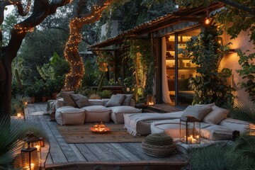 Obraz premium Cozy outdoor seating area with fairy lights and lanterns in a lush garden.