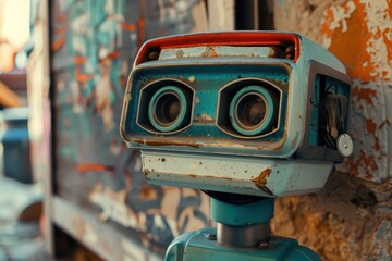 A weathered robot stands against a graffiti-covered wall, its lens peering out at the world.