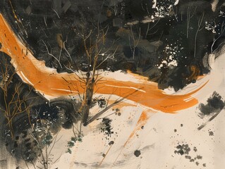 Obraz premium A stylized painting of a winding orange path through a snowy forest, with a dark, almost black, background and a few bare trees