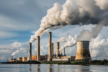 A sprawling industrial complex releases thick plumes of smoke into the air, creating a dramatic contrast against a blue sky.