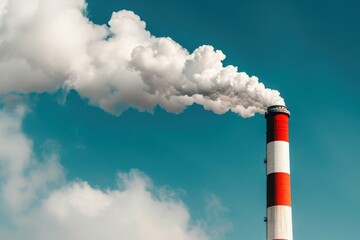 White smoke billows from a tall, red and white striped chimney against a bright blue sky.