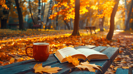 Back to school, Back to study. University campus or park, book, coffee, glasses, school backpack, yellow leaves and books